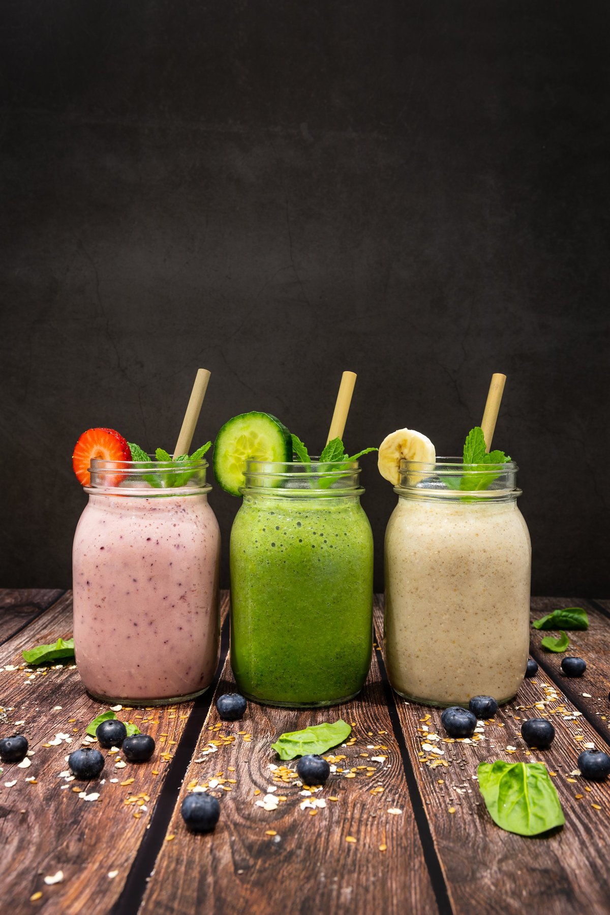 Strawberry, blueberry and banana smoothies